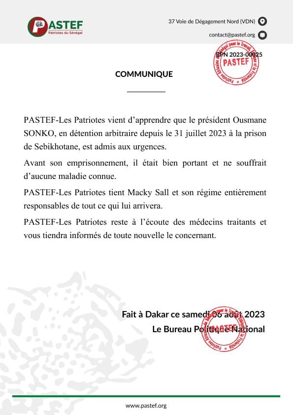 Image de Politique. D'après un communiqué émanant de son parti politique PASTEF, le maire de Ziguinchor, Ousmane Sonko, a été admis en service d'urgence. Pour rappel, il est en détention depuis le 31 juille et avait dès lors commencé une grève de la faim. Lire le communiqué du PASTEF